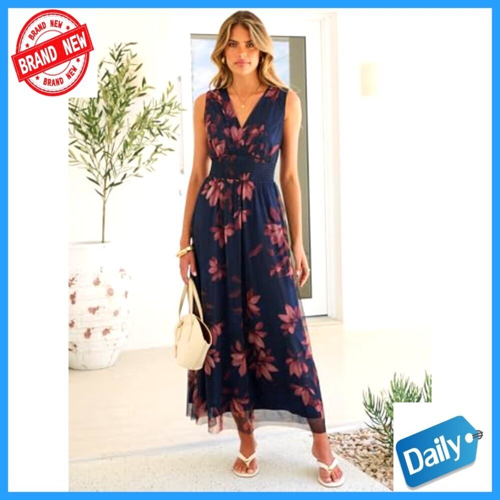 Summer Maxi Dress V-Neck Sleeveless A-Line Tulle Wedding Guest Casual - Picture 6 of 7